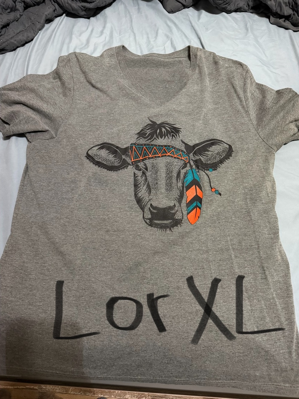 Women's Grey Short-Sleeve Graphic Tee with Colorful Feather Accent